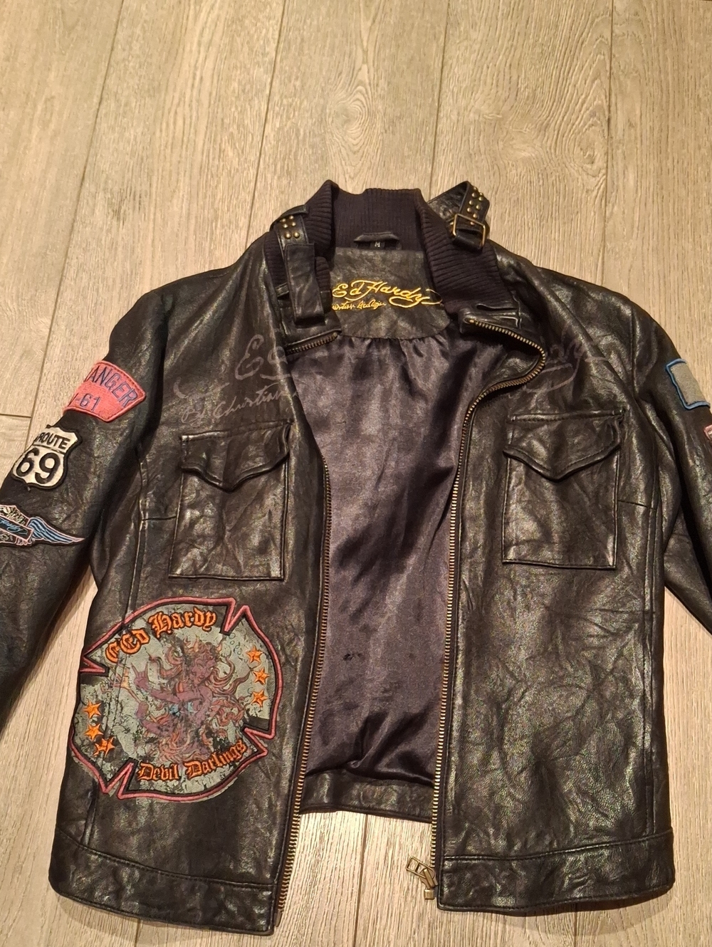 Ed Hardy Vintage Black Leather Patch Bomber Jacket